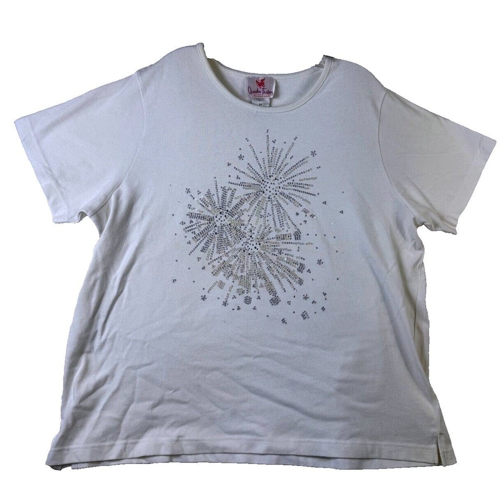 Quacker Factory T-Shirt Womens 2X White Fireworks Sequin Beaded Cotton Crew Neck